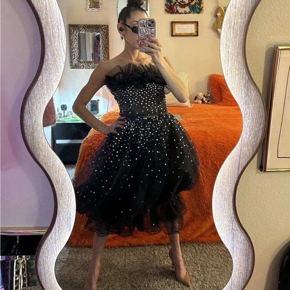 RARE VTG HALSTON 1970s/1980s Black Sequin Tulle Corset & Skirt Set 6 Studio 54